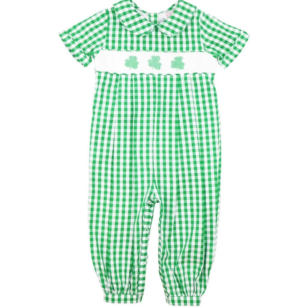 Green Check Smocked Shamrock Romper